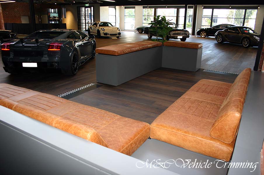 Leather bench seats for automobile showroom